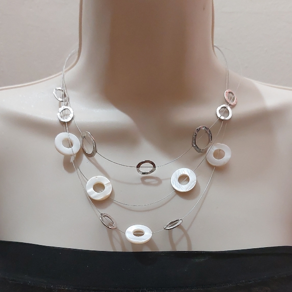 Triple Layered Floating Donut Shaped Beads Statement Necklace MOP Shell